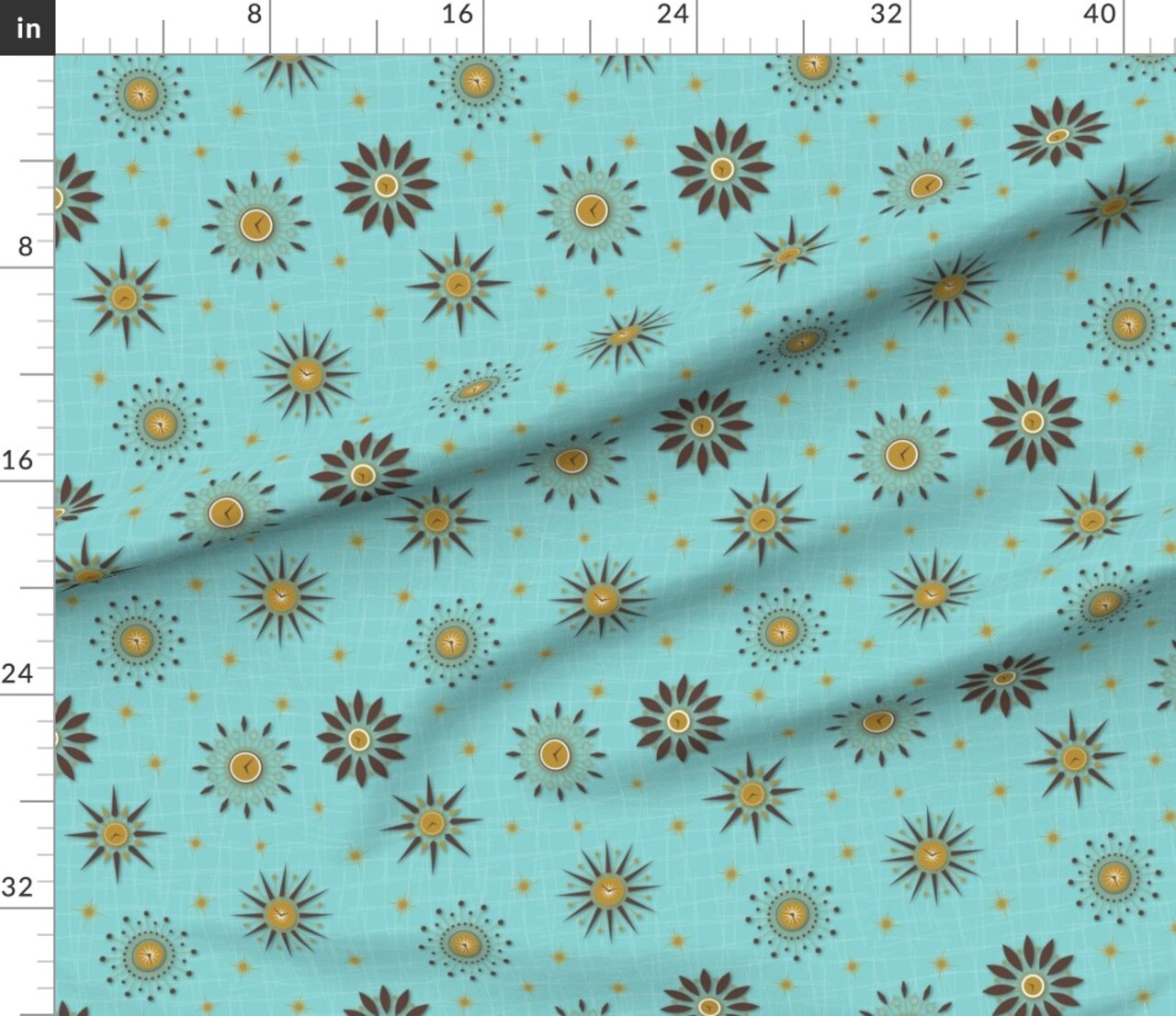 Vintage 1960S Teal Brown Retro Gold Aqua Ivory Custom Printed Fabric by Spoonflower Various Fabrics by the Yard or Fat Quarter
